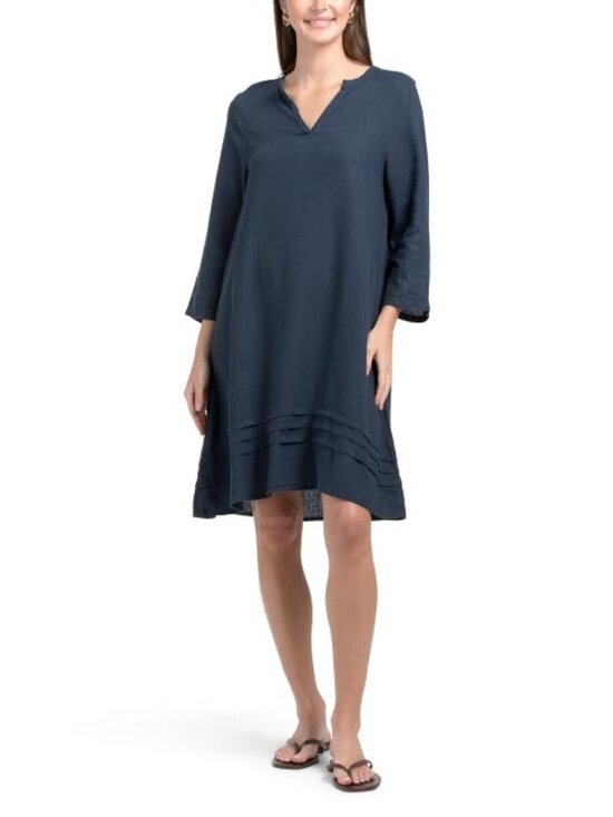 4 OUR DREAMERS Dresses & Skirts - 4 OUR DREAMERS Linen Blend Long Sleeve Mini Dress With Pintuck Pleats